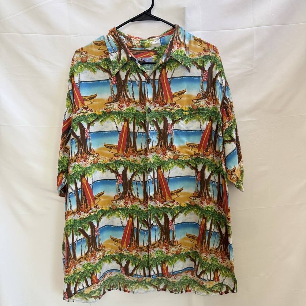 Reyn Spooner Vintage Hawaiian Shirt Ukulele Surfboard Palm Vacay Men's Large